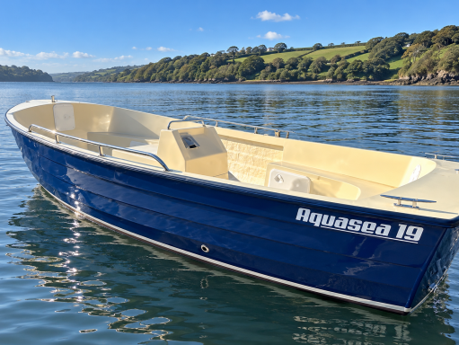 Blue Aquasea 19 launch on calm water, with cream interior